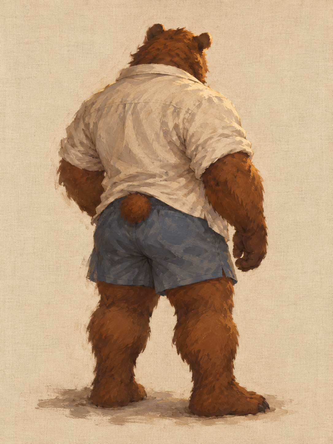 A softly painted silhouette of a broad brown bear in a loose ivory shirt, facing away.