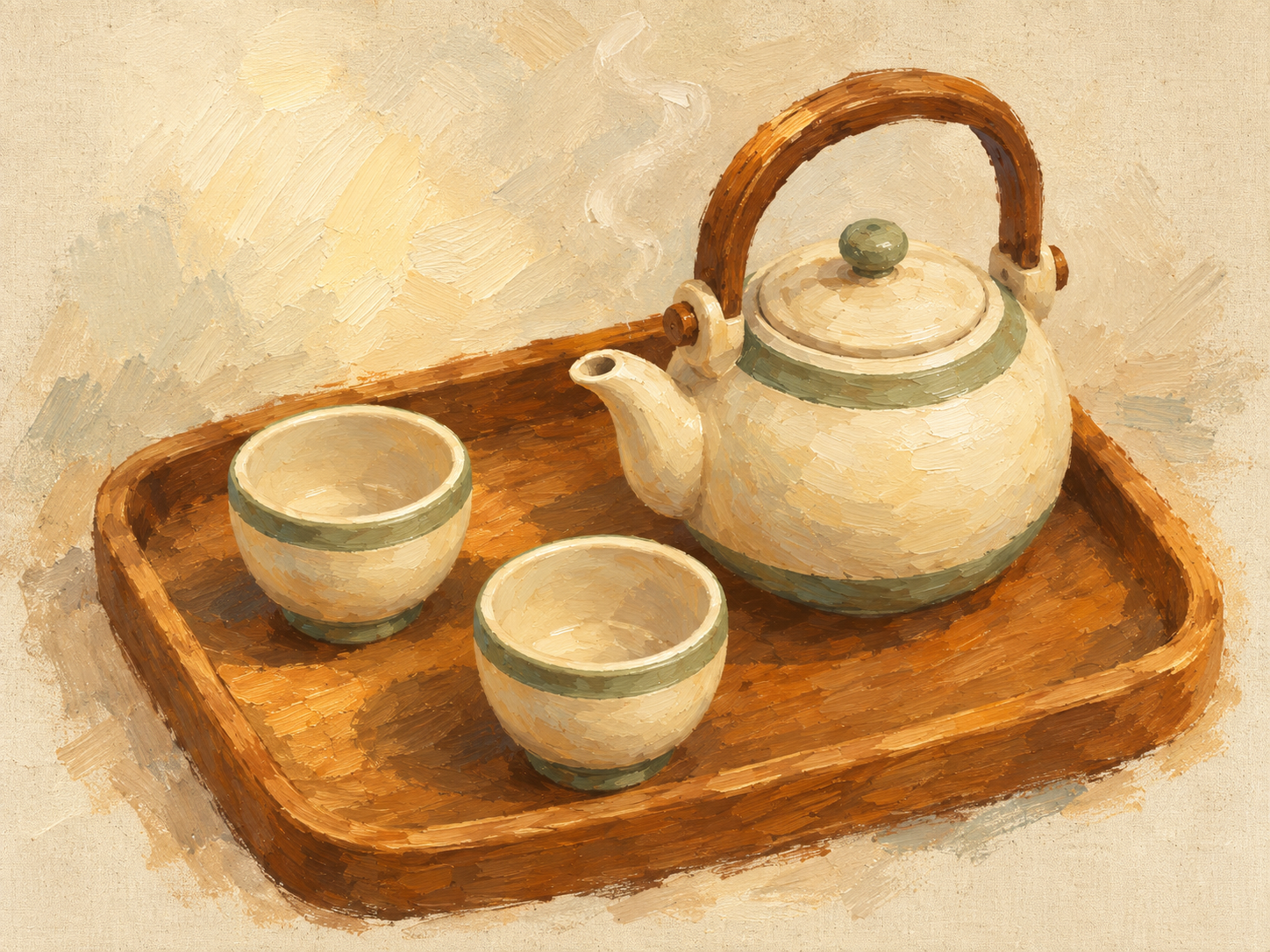 An oil-painted cream and sage teapot with two cups on a wooden tray.