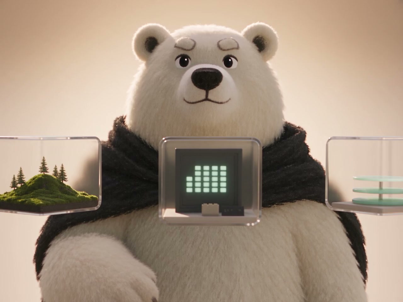 Echo, a white bear in a black scarf, with three floating glass project cubes.